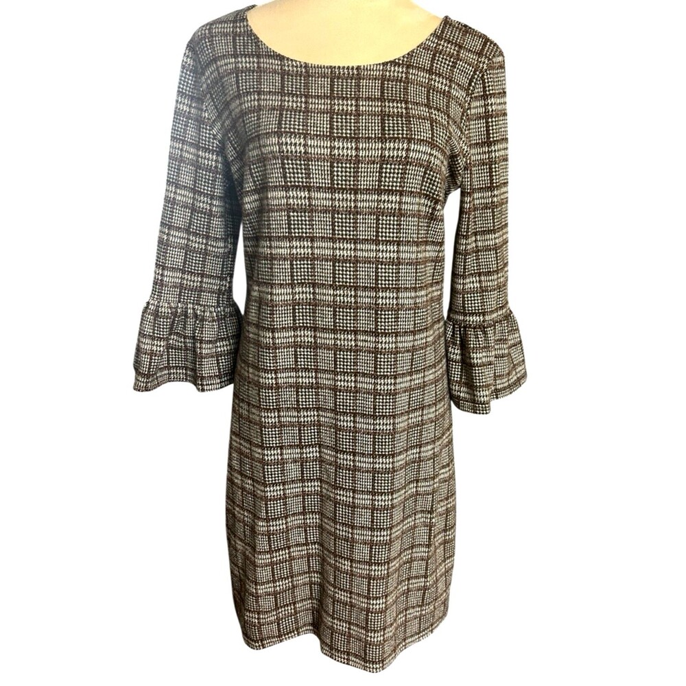 Nina Leonard Womens S Plaid Brown Gray 3/4 Balloon Sleeves Shift Stretch Dress - Picture 1 of 9